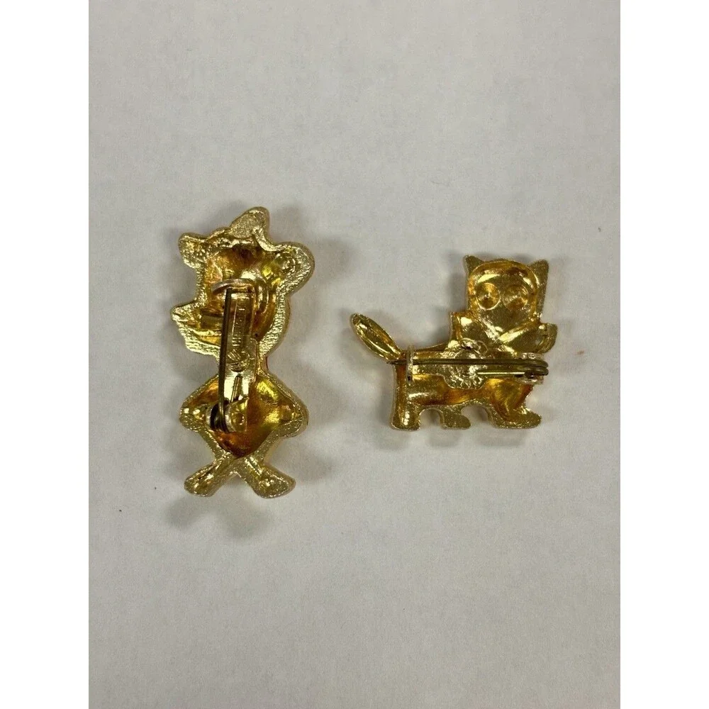 Vintage Hong Kong Cat Bear Brooch Pin Lot Gold Tone Rhinestone Enamel